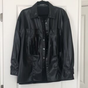 BLANKNYC FAUX LEATHER FRINGE SHIRT JACKET
